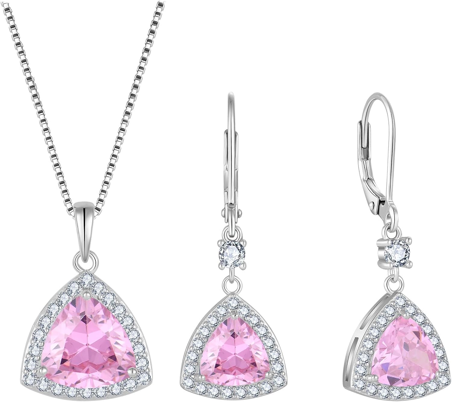 Triangle Jewelry Set for Women 925 Sterling Silver Halo Pink Tourmaline Necklace Dangle Drop Leverback Earrings October Birthstone Jewelry for Her