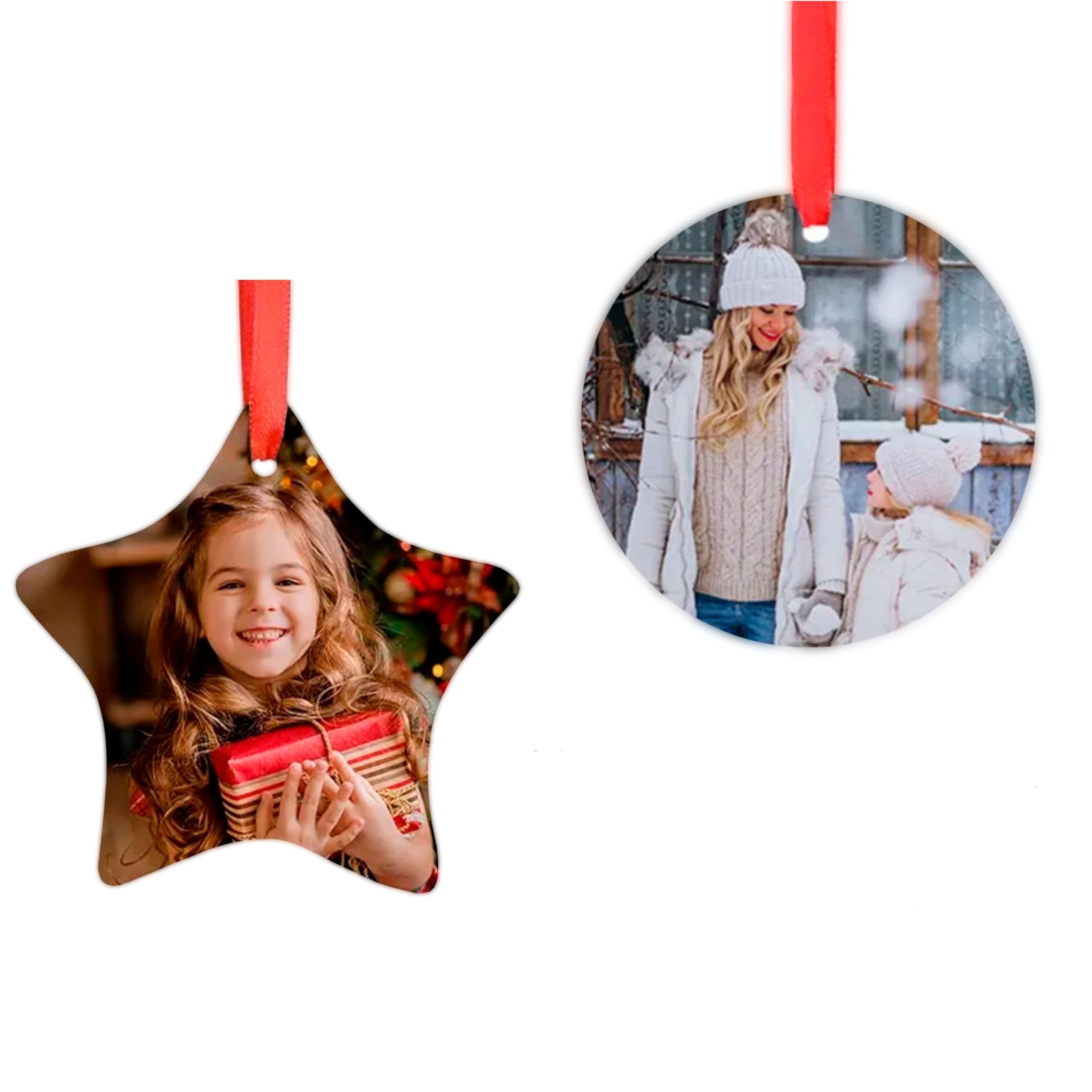 Pack 4 Adornos árbol de Navidad Personalizados con Foto por ambas Caras de plástico HPP. Decoración navideña Forma Redonda y Estrella. Regalo Navidad Familia, Amigos. 2redonda y 2estrella