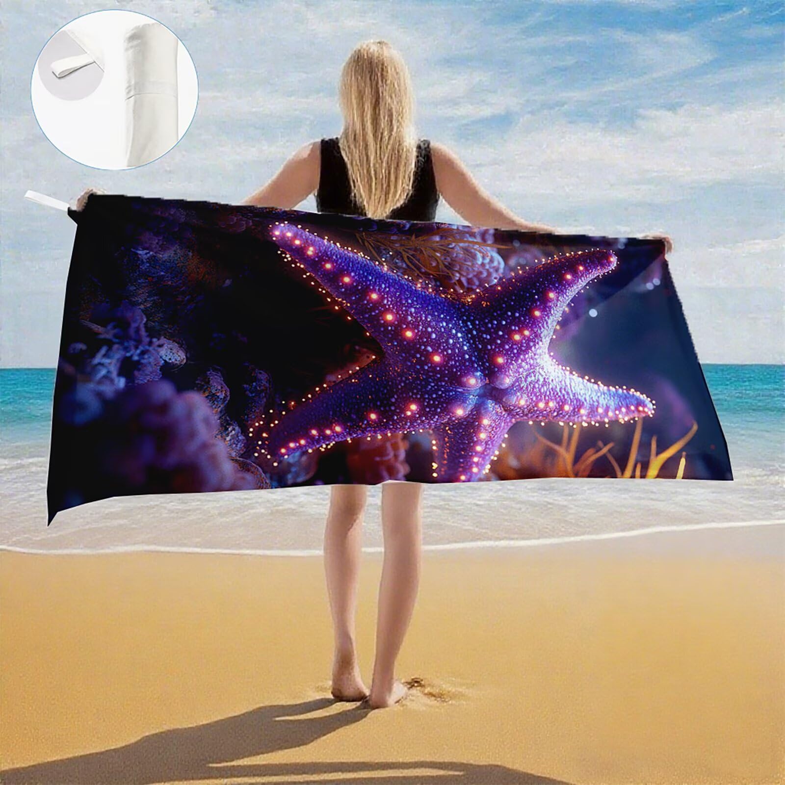 Serviette de Plage XXL 100x200 cm,Étoile de mer Serviette Plage Microfibre avec Séchage Rapide Anti-Sable Absorbante Fonction Design pour Vacances Piscine Pique-Nique Voyages Yoga, Cadeau Femme Q-872