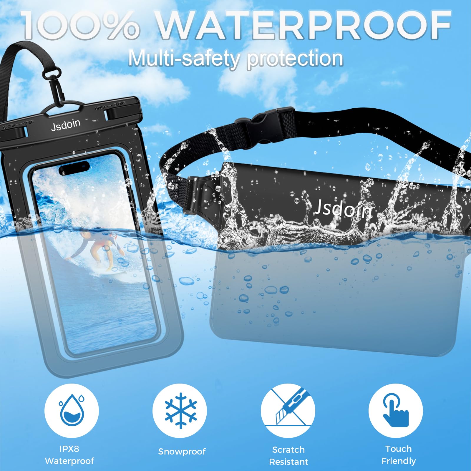 Jsdoin Waterproof Pouch Bag +Waterproof Phone Pouch, Dry Bags Waterproof bag with Adjustable Strap, IPX8 Phone Case for Swimming Travel Beach Trip Snorkelling Kayaking -holiday essentials Black — view 3