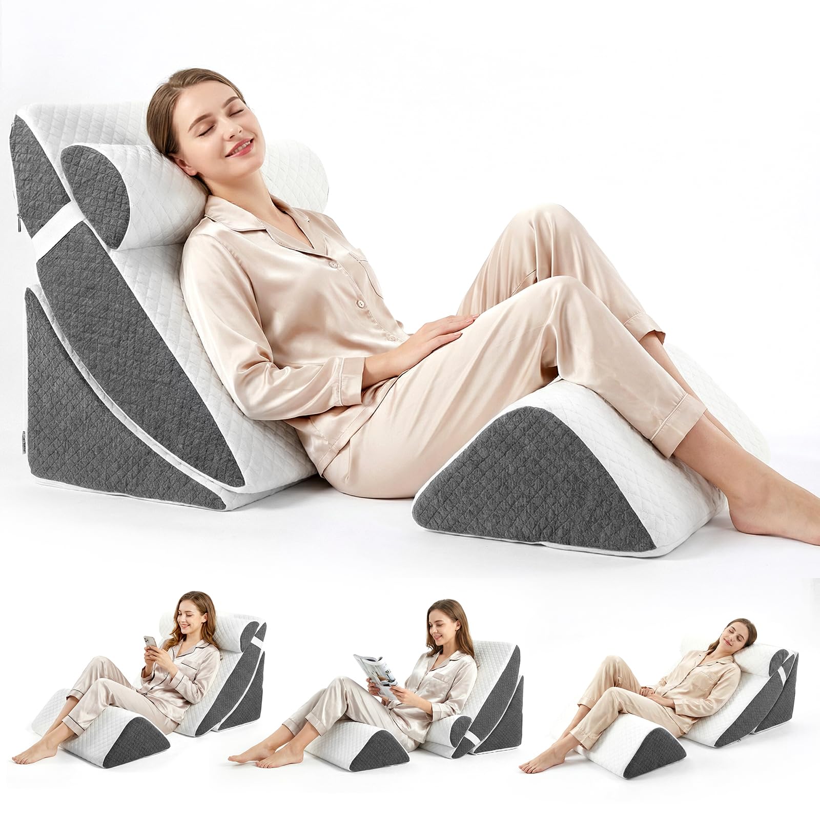 Set da 4 Cuscini Ortopedici a Cuneo in Memory Foam, Regolabile per Dormire, Post Chirurgia, Apnea Notturna e Reflusso Acido, Cuscino Ergonomico per Collo, Schiena, Gambe, Rivestimento Lavabile