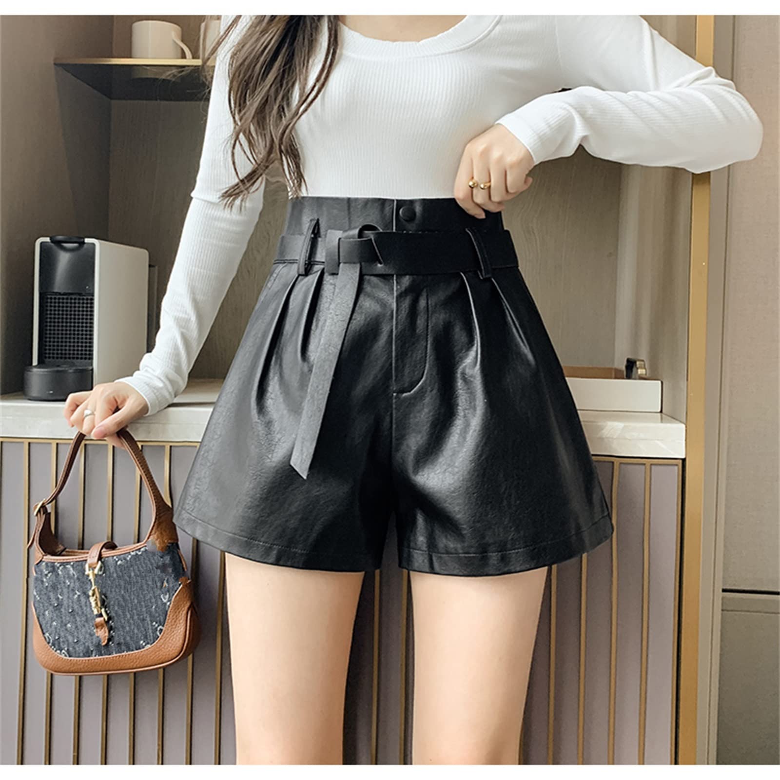 Amazon.co.jp: レザーショートパンツ 秋冬の女性の偽物 puベルトハイ