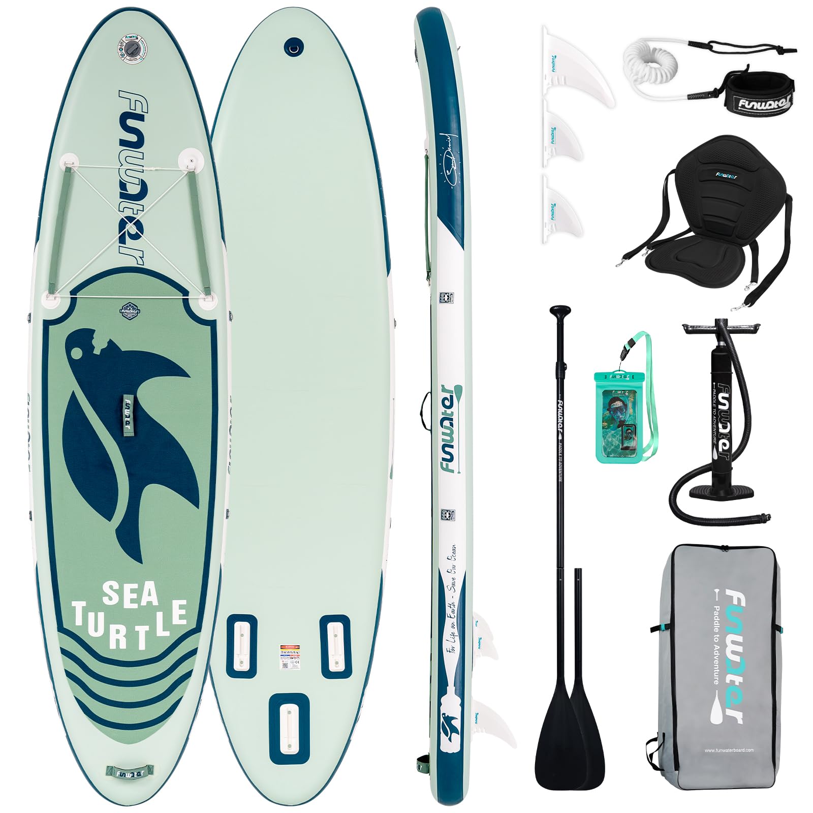 FunWater Tabla de Surf Hinchable de pie para Surf, Tabla de Surf Sup, Accesorio de Remo Ajustable, Bomba, Mochila de Viaje, Correa de Seguridad, Funda Impermeable para teléfono móvil