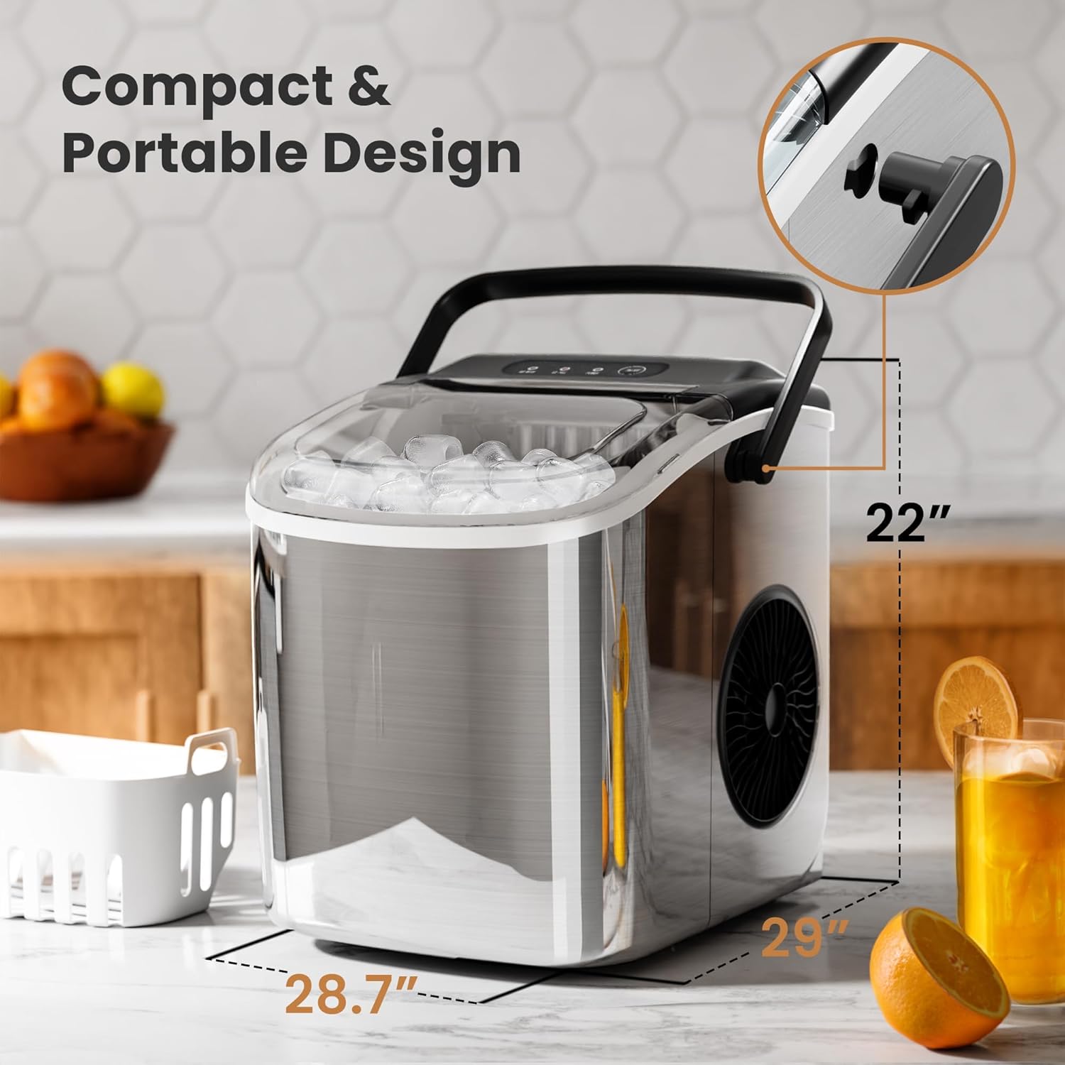 Countertop Ice Makers for Home/Kitchen/Office, Portable Ice Maker Machine with Handle, 27lbs/24Hrs, 6Mins/9 Ice Cubes, Self-Cleaning with Basket/Scoop