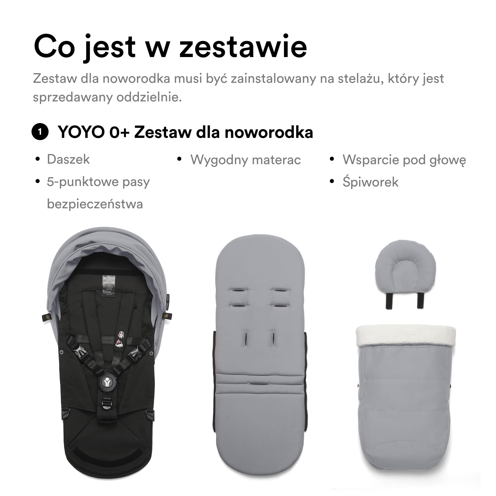 Stokke YOYO 0+ Zestaw dla noworodka, Stone - zawiera materac, rozkładany daszek, pięciopunktowe pasy bezpieczeństwa - wymaga stelaża YOYO (sprzedawany oddzielnie)
