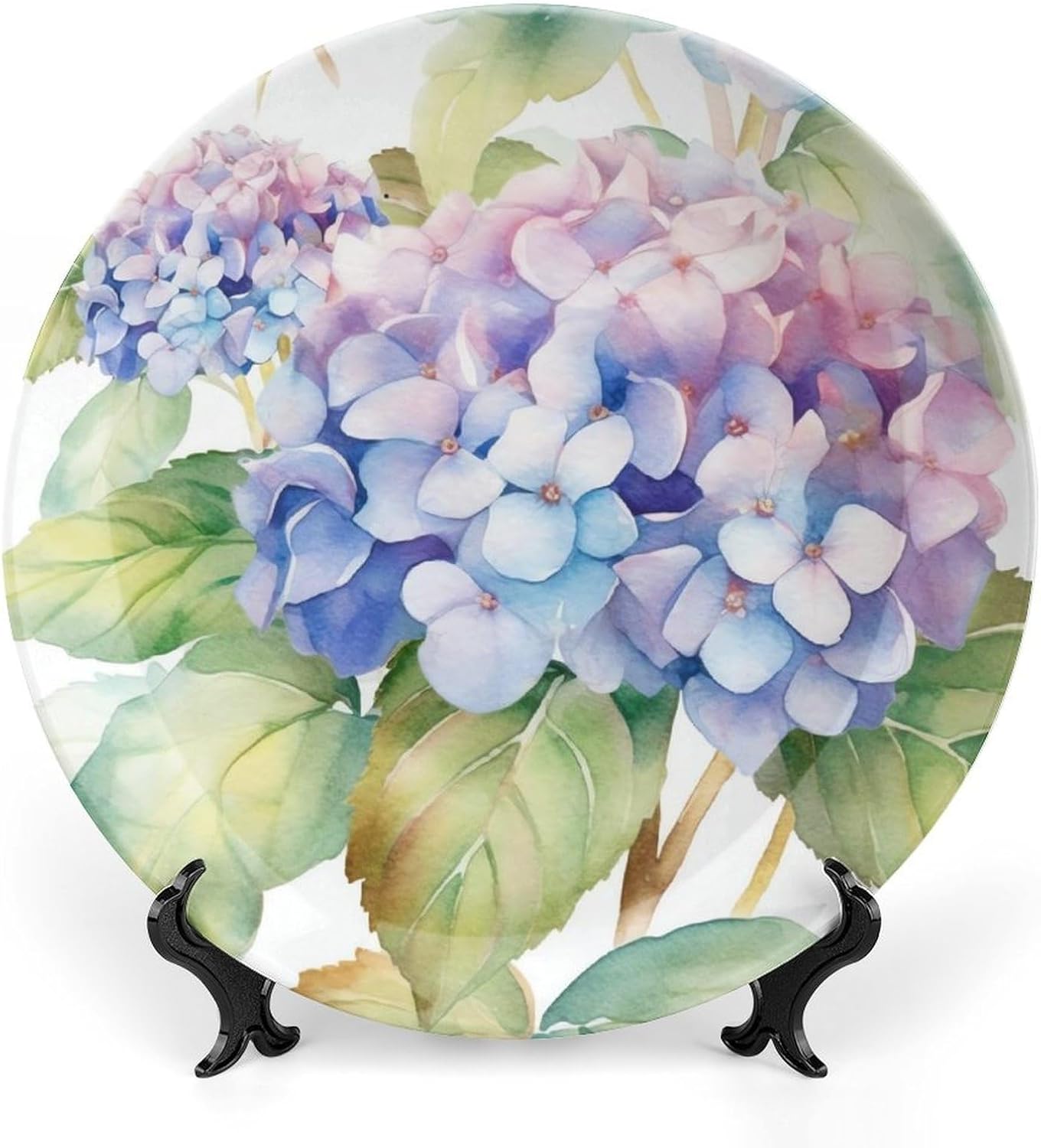 Hydrangea Watercolor Ceramic Decorative Plate 10inch Bone China Decorative Personalized Boho Plates with Display Stand, Ceramic Ornaments Dessert Plates for Home Decor Dinner