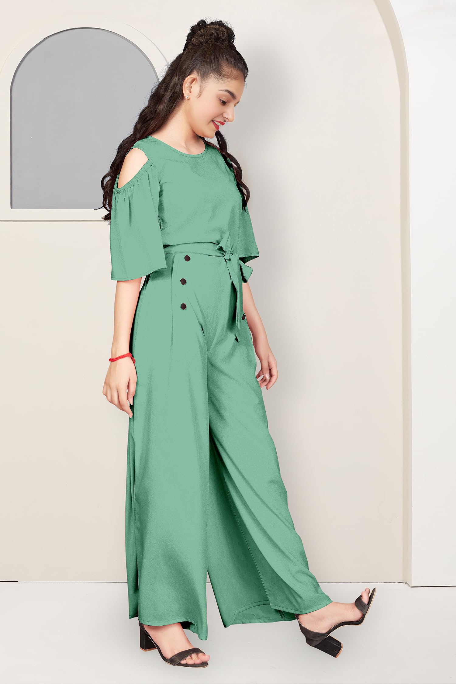 Fashion Dream Girls Cold Shoulder Flutter Sleeve Jumpsuit(FDGJMP00104 PST 32_Pista_9-10Years) - Image 3 thumbnail