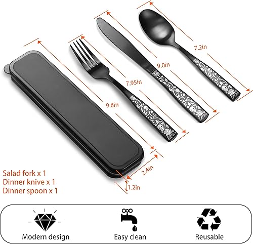 Miniatura 2 de IFERRENS Juego de cubiertos negros mate de 40 piezas para 8, juego de cubiertos decorativos con diseño de rosa de calavera 180, acabado de manchas