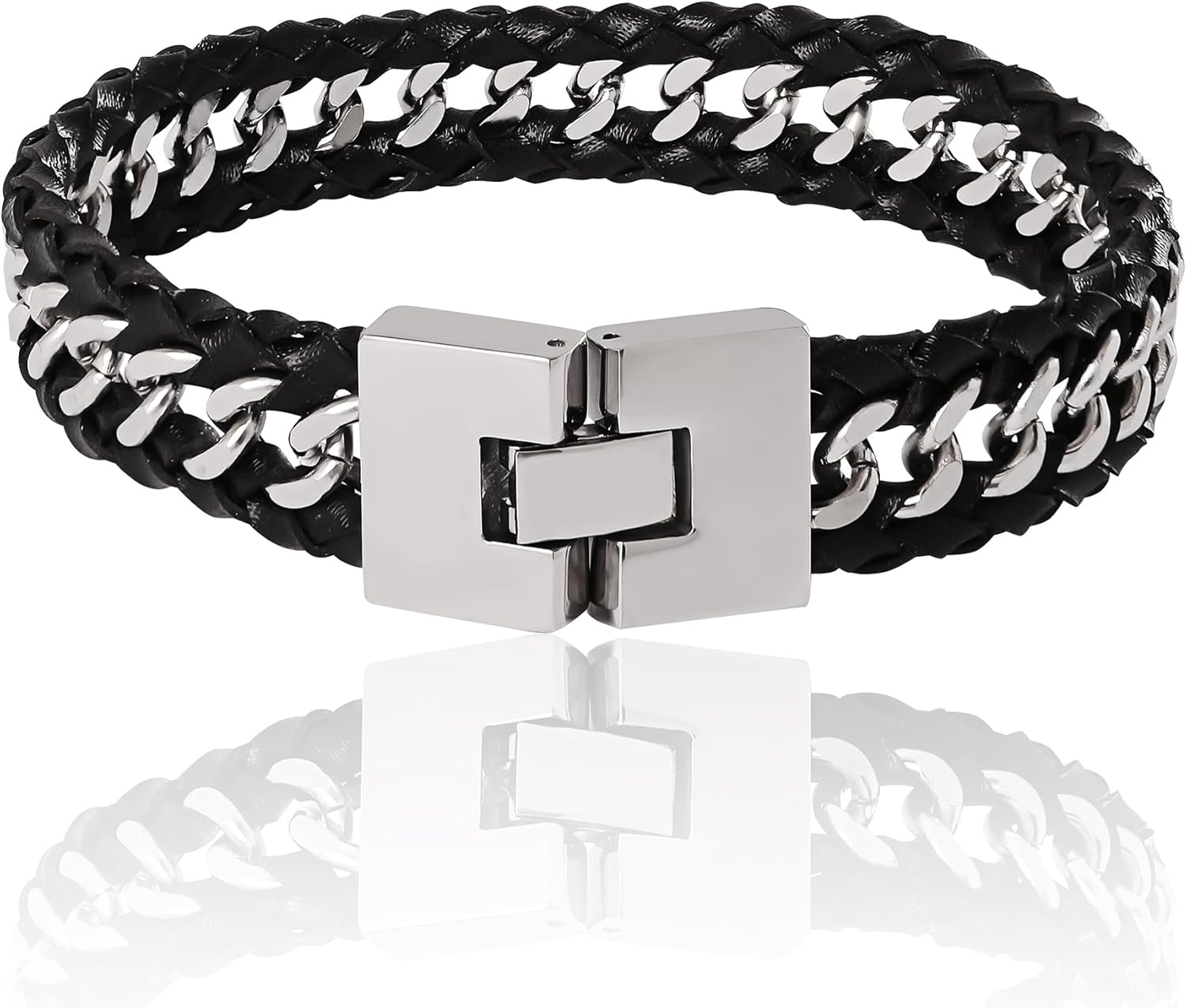 Lucky Brand Mens Stainless Steel Bracelet 8.5", Stainless Steel & Black Leather Link Bracelet, Valentines Gifts for Him - Image 6