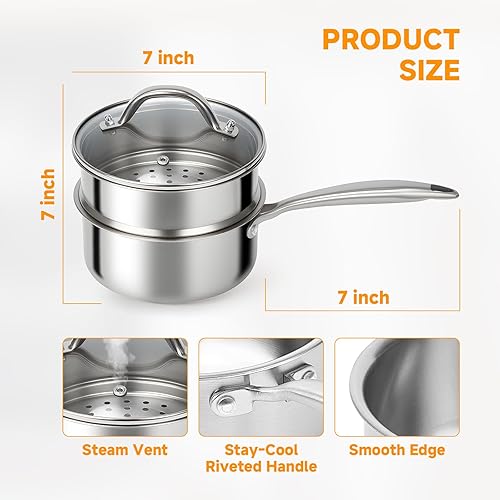 Miniatura 5 de Ohtomber Sartén de acero inoxidable  Vaporizador de tres capas de 1.5 cuartos de galón para cocinar, olla pequeña con cesta de vapor, sartén con