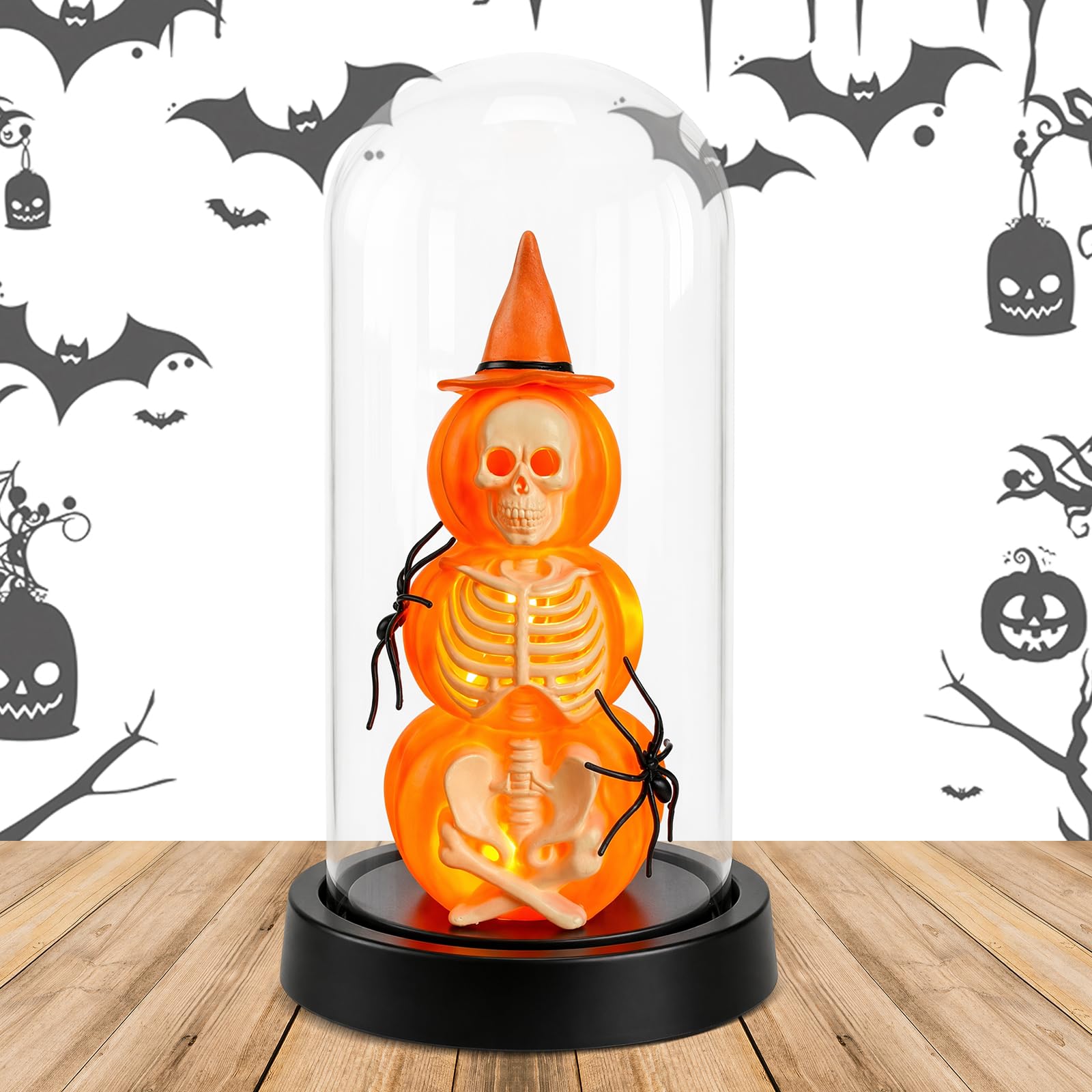 Halloween Pumpkin Skeleton Witch Hat Glass Dome Decor