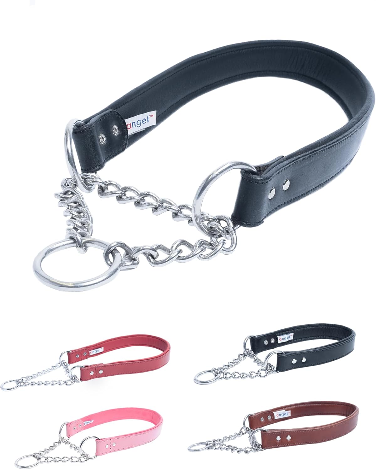 ANGEL Rio, Genuine Leather, Pink Martingale Padded Dog Collar, 22" x 1" (28.5" Fully Extended), 100% Argentinean Cowhide & Stainless Steel. Humane & Trainer Recommended Alternative to Prong & Choke Collars. See Martingale Size Chart for A Perfect Fit