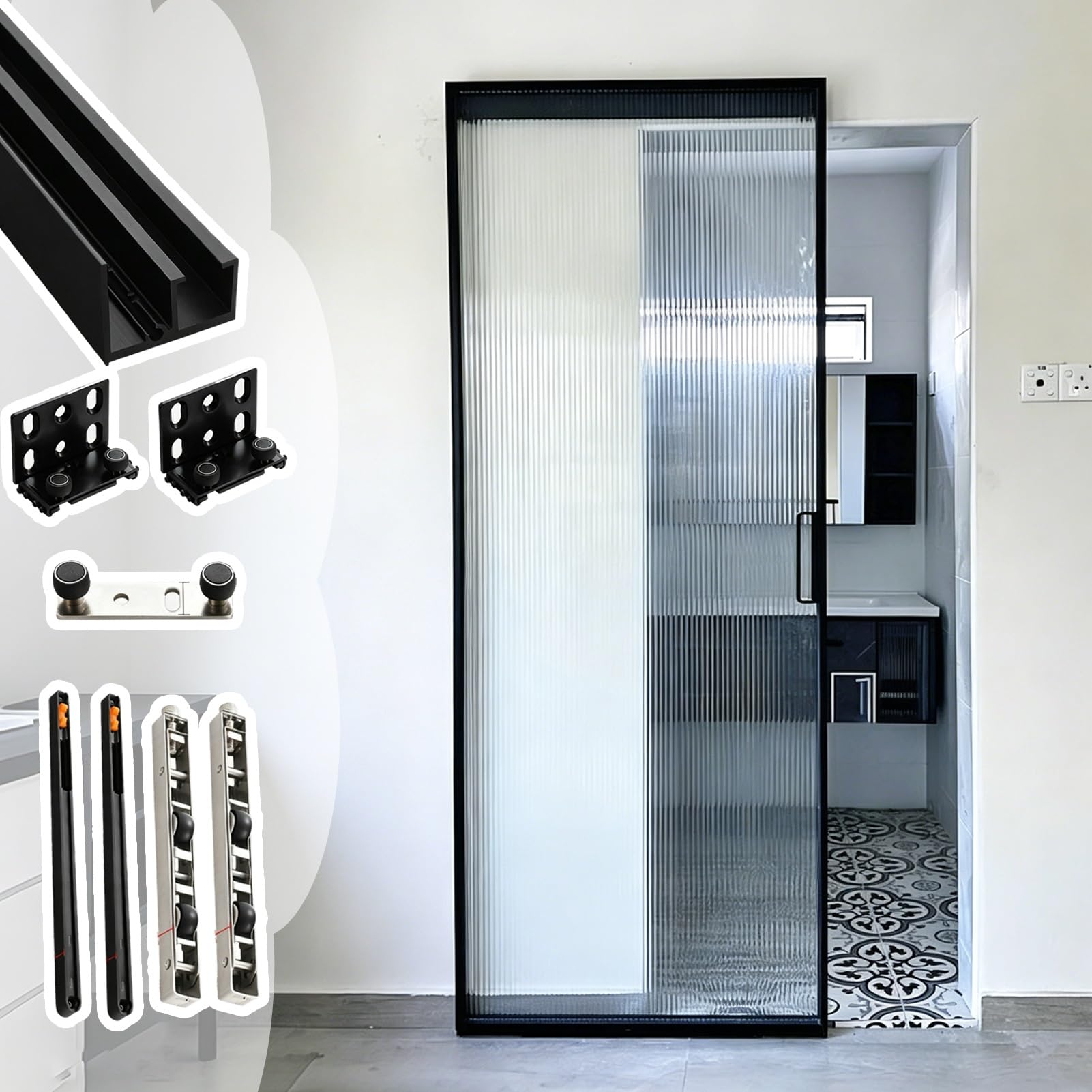 Kit Puerta Corredera Riel Invisible de Alta Resistencia para Puertas con Espejo, Kit de Herrajes Invisibles con Ruedas para Puertas Correderas, Guías de Cierre Suave(0.8m/2.6 ft)