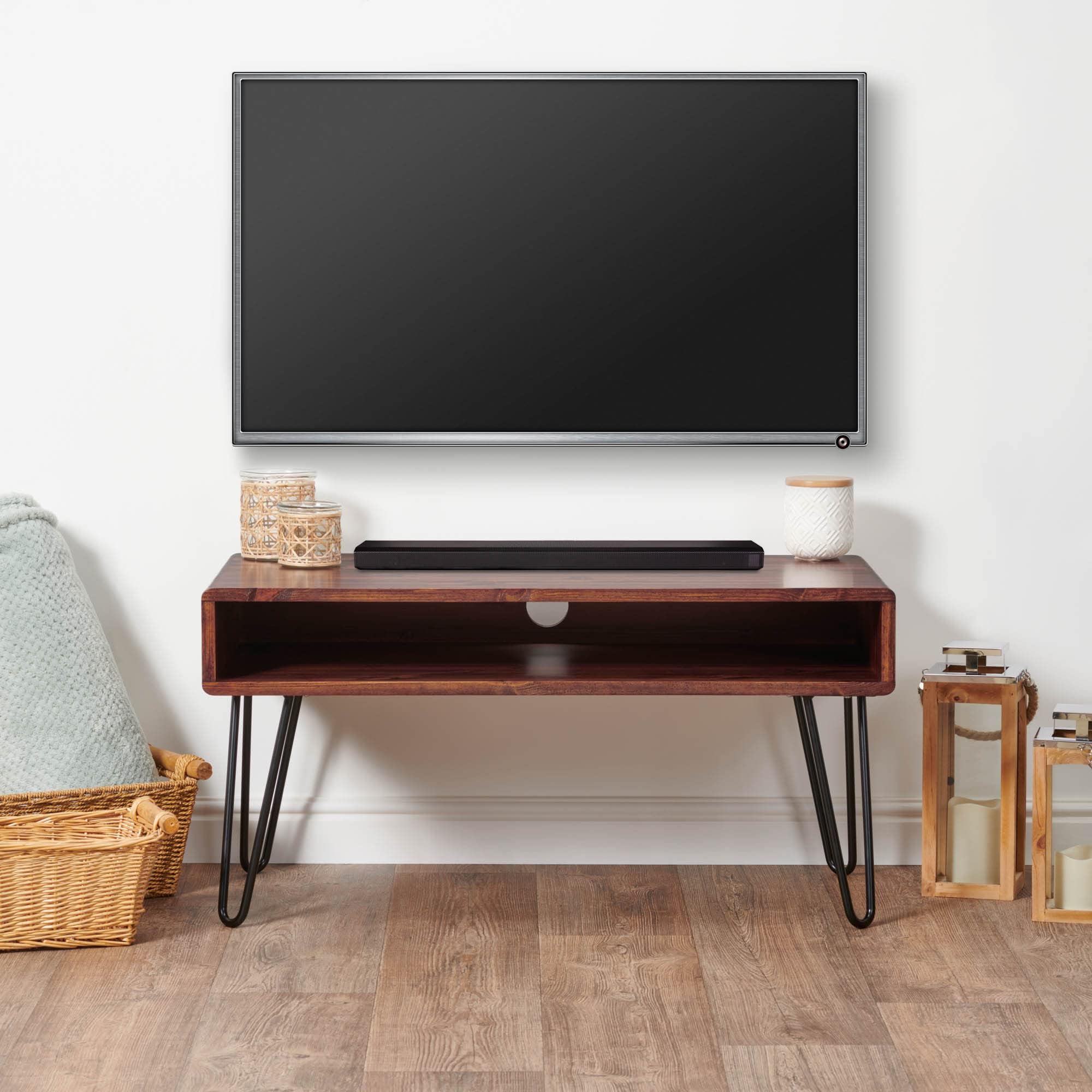 Solid Wood TV Stand, Unit, Table. 90cm Long. Metal Hairpin Legs. Rustic Jacobian Dark Wood Finish Vintage Retro
