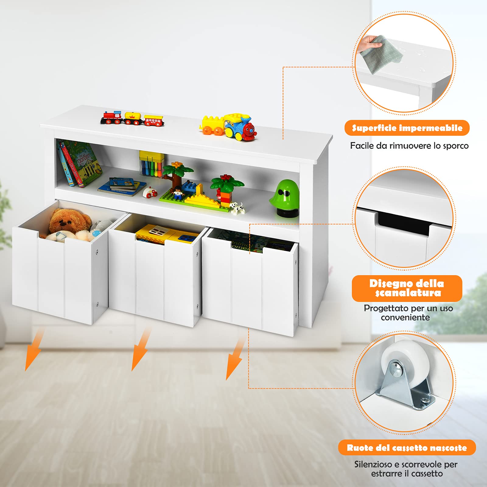 COSTWAY Armadio con 3 Cassetti, Scaffale di Legno con Ruote e Cubi per Giocattoli dei Bambini, Ampio Spazio, Organizer Durevole per Salone Camera da letto Camera dei bambini (Bianco)