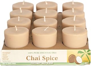Hand Made Coconut Votive Candles |Chai Spice | Essential Oils of Cinnamon, Clove, Cassia & Nutmeg |12-Pack | Long Burning| Vegan| Aloha Bay| Fair Trade Guaranteed