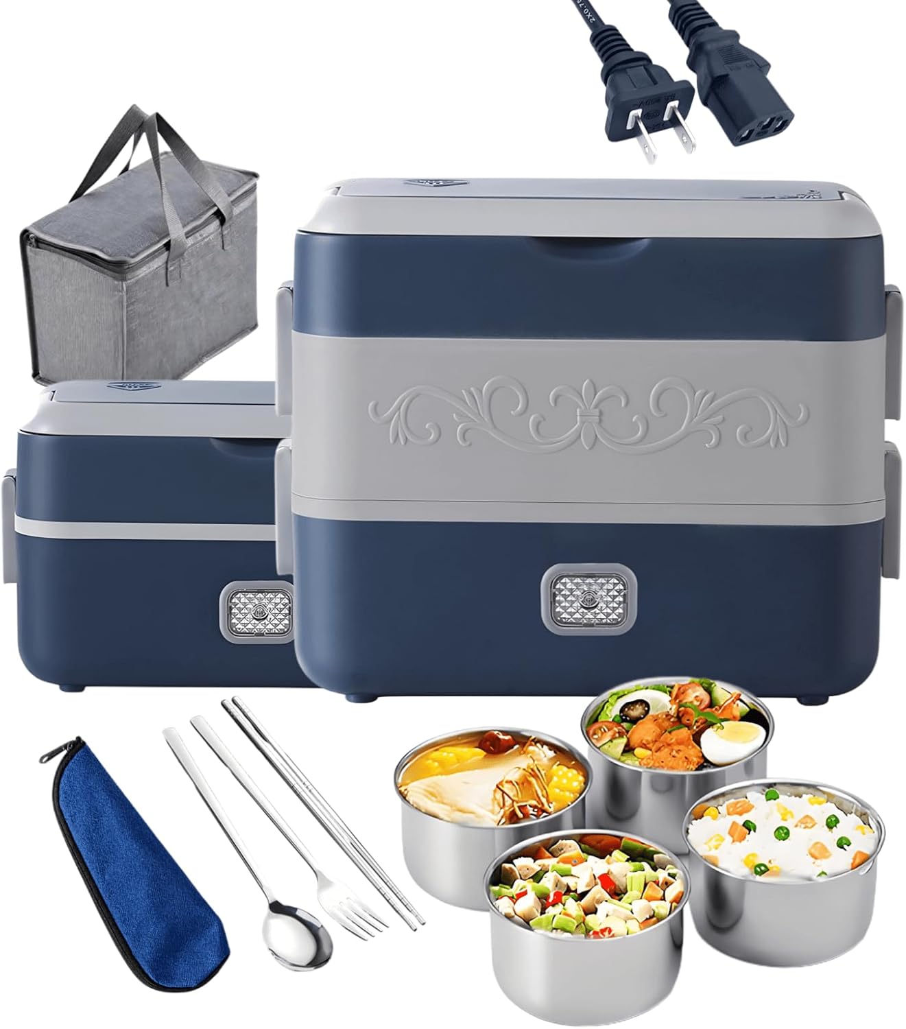 Electric Lunch Box for Adults, 200W Heated Lunch Containers 2.4L(10Cups) Stainless Steel Electric Food Warmer,4 bowls Double Layer Quick Heatable Lunchbox for Office/Home