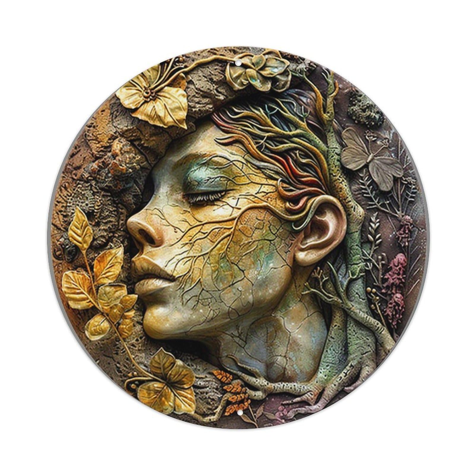 Nature Inspired Artistic Portrait Design Round Metal Tin Sign Vintage Wall Decor, Bar Garage Cafe Kitchen Home Wall Art Poster 8x8inches
