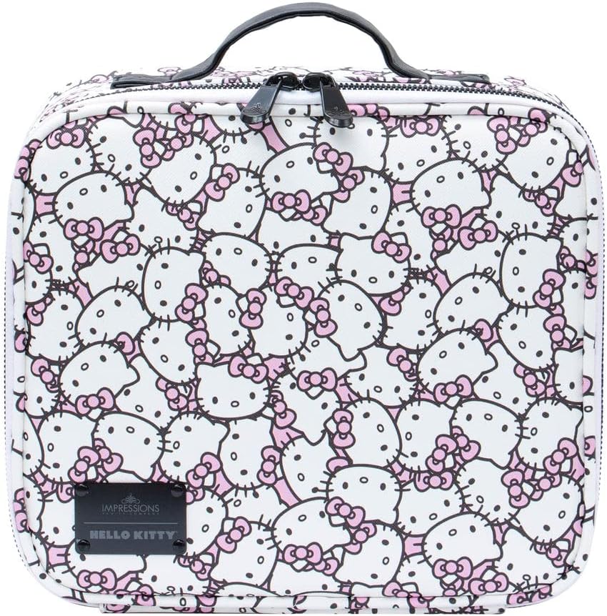 Impressions Vanity Hello Kitty Cosmetic Bag with Faux Leather, Travel Toiletry Bag with Inside Zipper Pockets, Waterproof Reusable Large Cosmetic Makeup Vanity Organizer Bags for Travel (White/Pink)