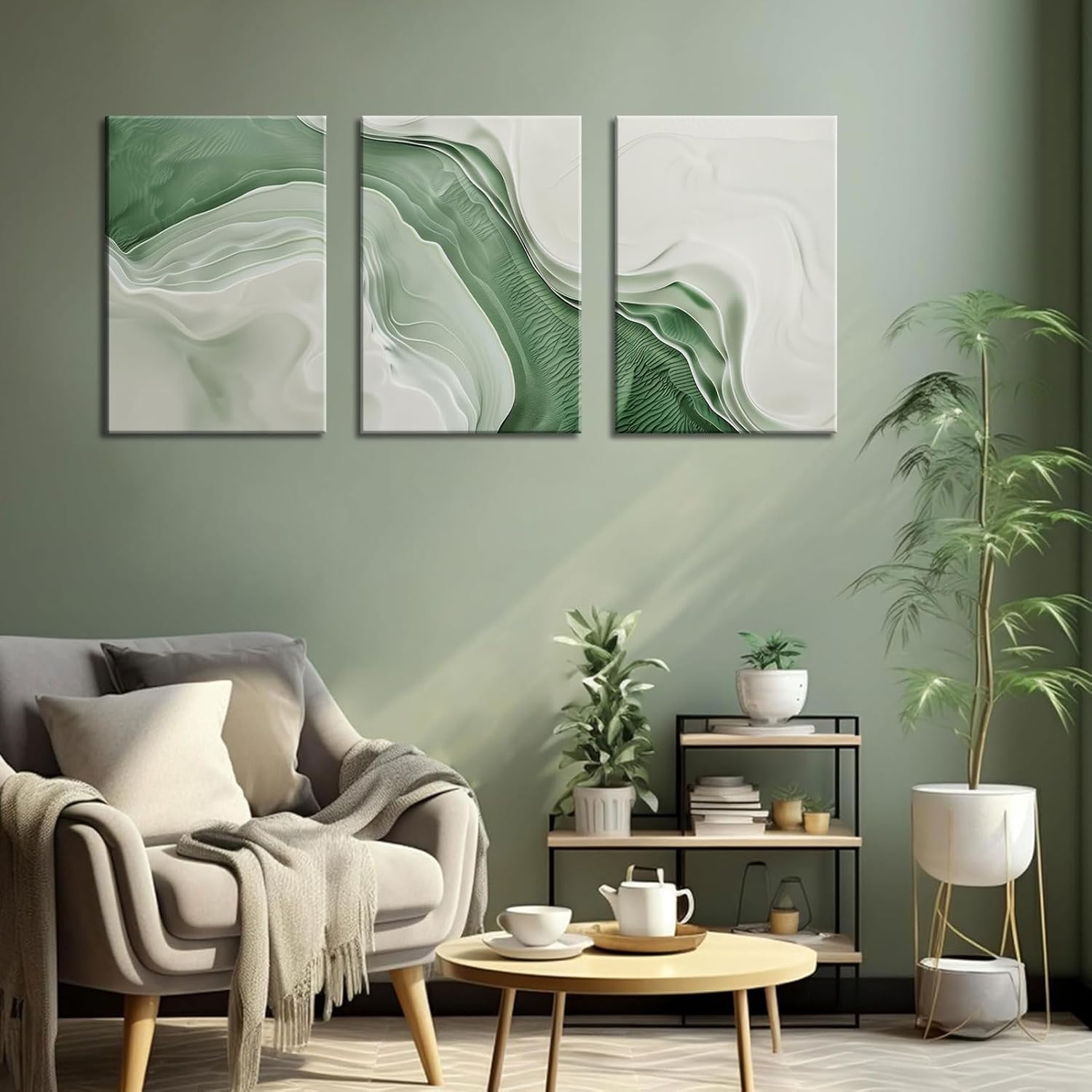 3Pcs Minimalist Green Abstract Canvas Wall Art Modern Neutral Wall Decor Pictures Green White Textured Posters Prints for Living Room Bedroom Home Decoration 16x24in