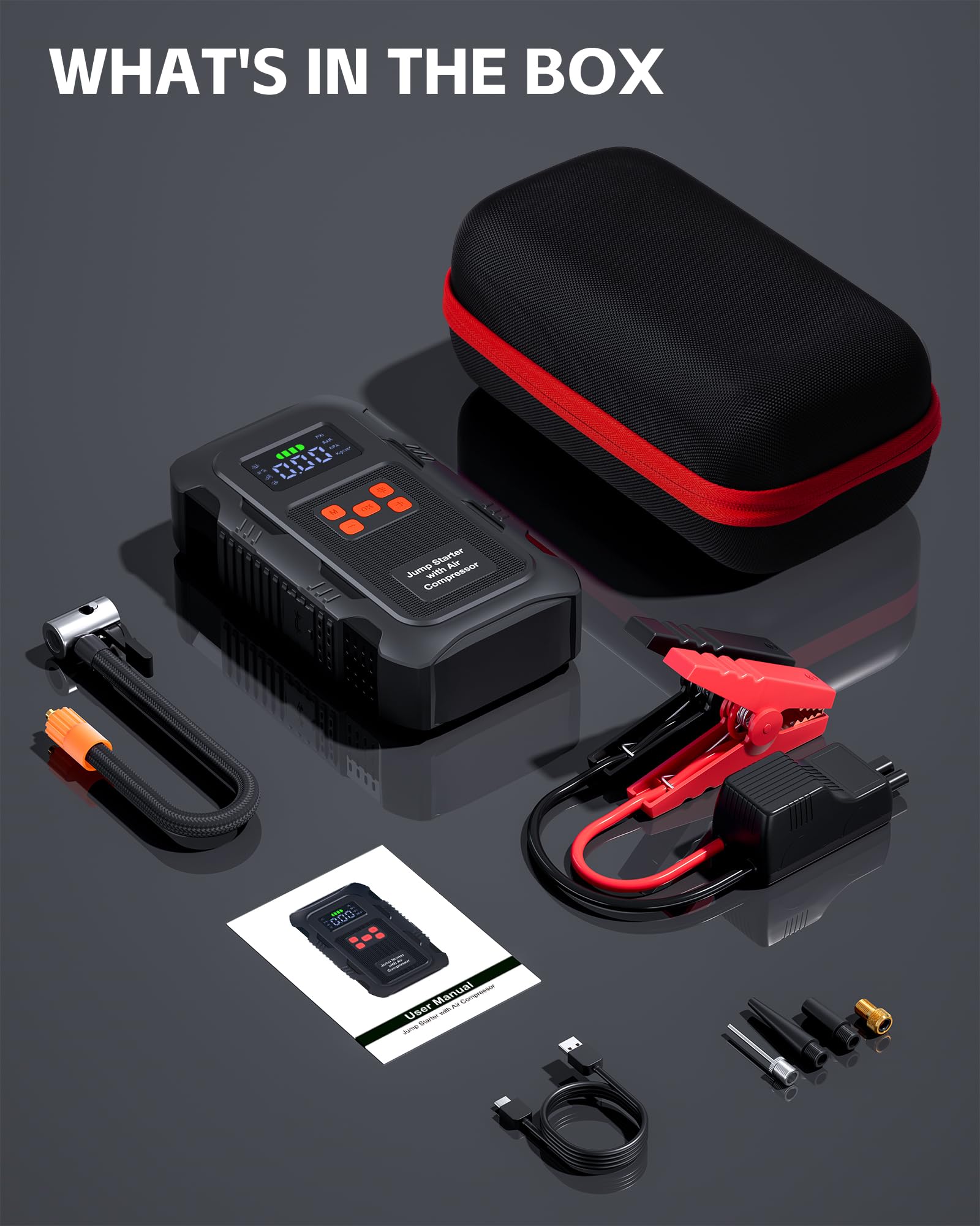 Povasee Starthilfe Powerbank für Pkw mit Kompressor 150 PSI, 6000A Starter Powerbank mit Elektrische Luftpumpe, 12V Auto Starthilfe (10L Benzin/8L Diesel), Jump Starter mit Taschenlampe (Orange)