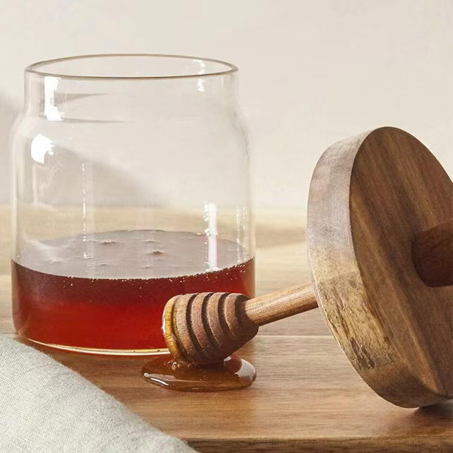 Dosatore Miele, Vasetti Miele, Porta Miele Vetro, Barattolo Di Vetro Per Miele, Dispenser Per Miele, Con Cucchiaio Di Legno e Coperchio, Utilizzato Per l'Erogazione Del Miele, Facile Da Pulire