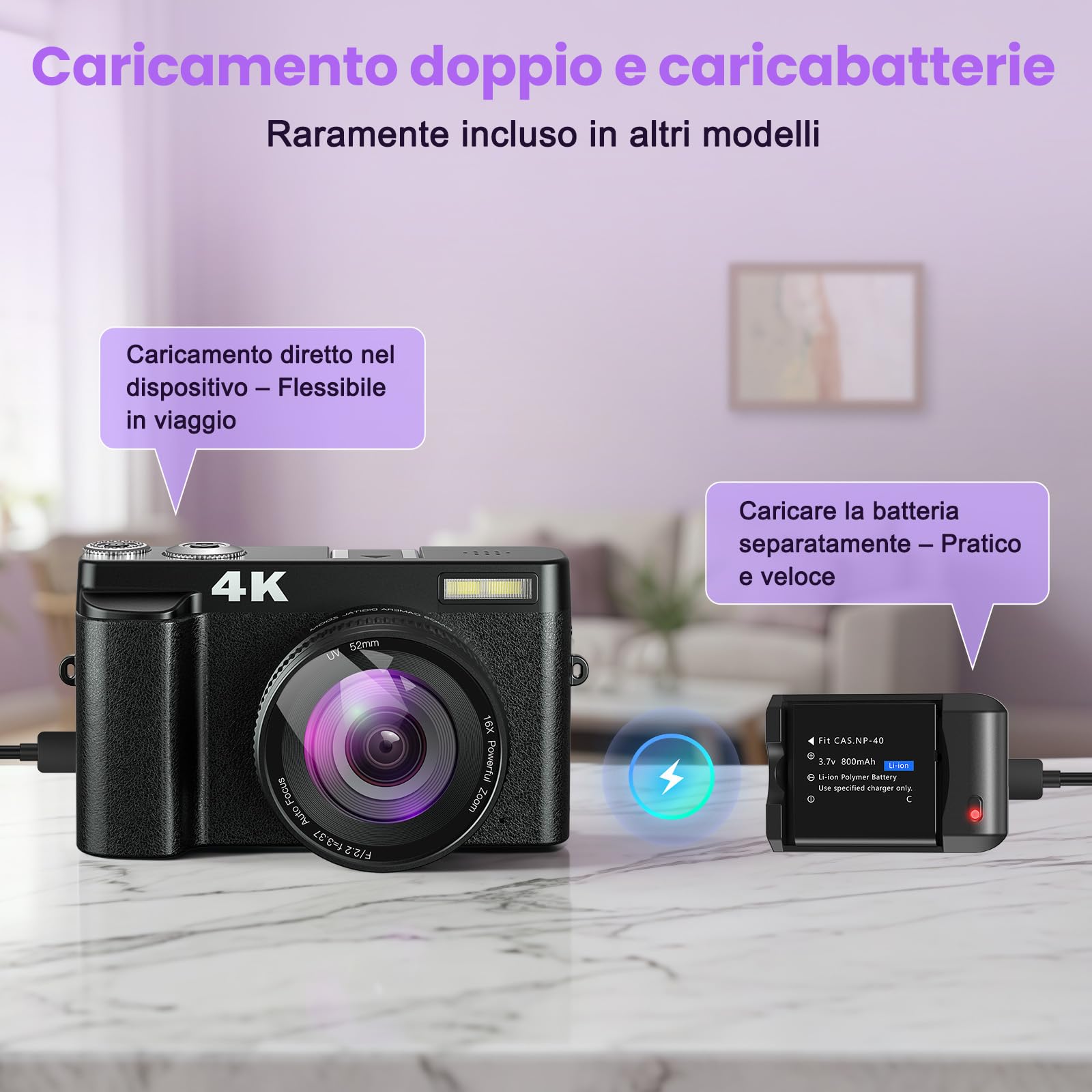 Fotocamera Digitale 4K 64MP WiFi Zoom 16X Schermo Girevole 180° Autofocus per Vlog e Selfie, Compatta con Scheda 32GB, 2 Batterie e Caricabatterie, Ideale per Principianti