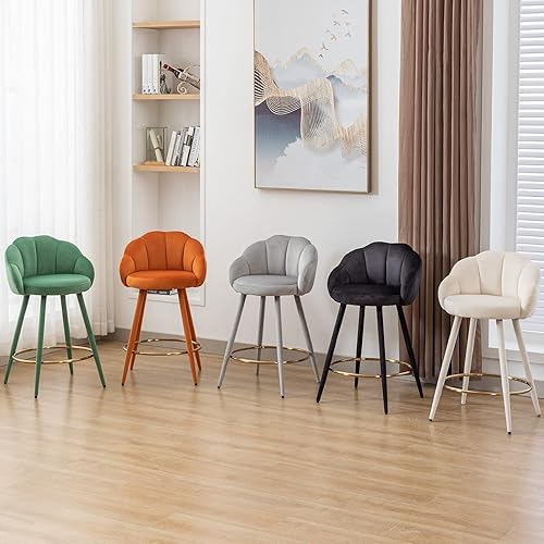 Miniatura 8 de Juego de 4 taburetes de terciopelo modernos de 25.5 pulgadas de altura de mostrador con respaldo de pétalos y reposapiés de anillo de metal dorado,