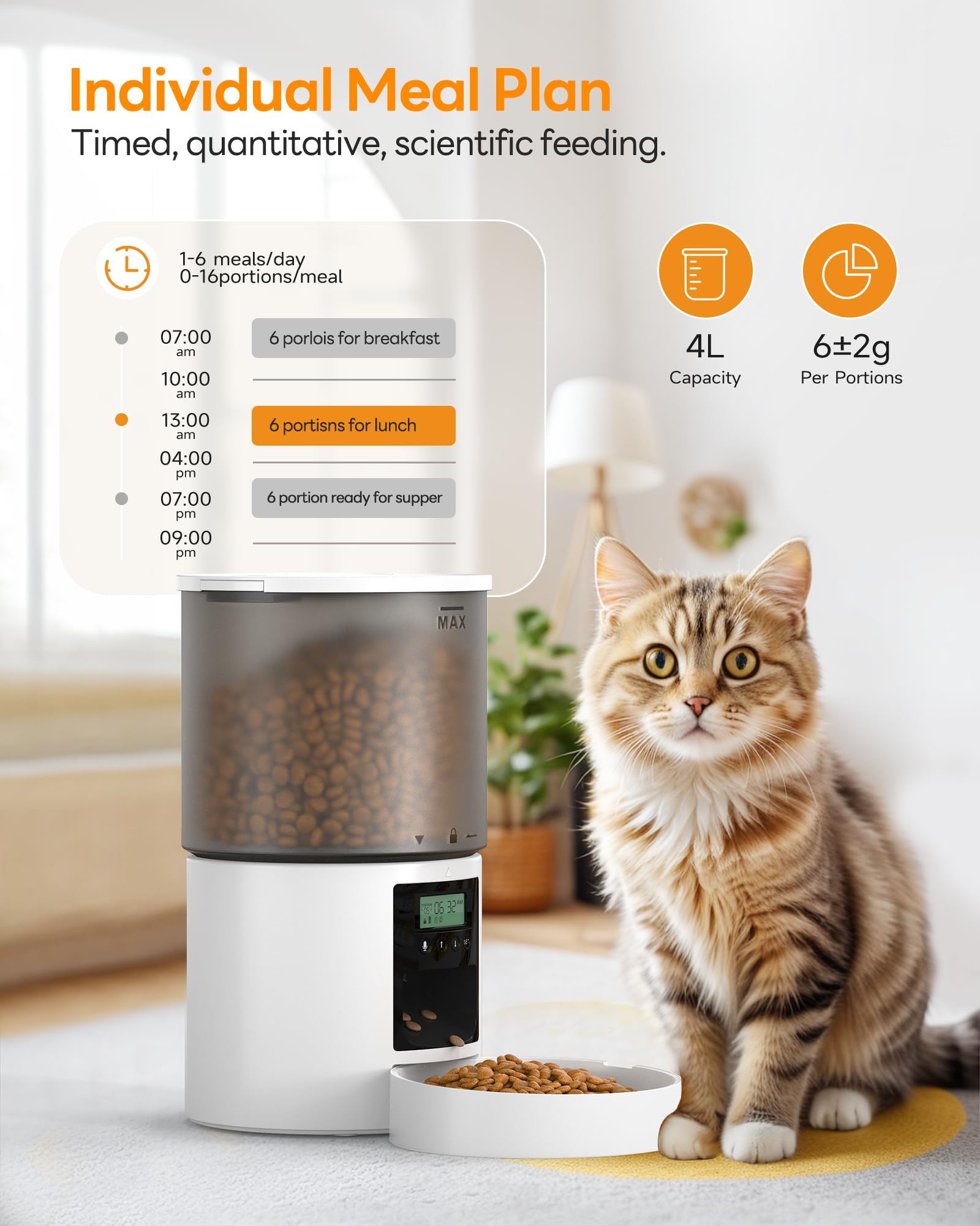 Distributore Automatico Cibo Gatti: Dispenser Crocchette Gatto con 10S Registrazione - Dosatore Crocchette per Cani con Orari di Mangiatoia Personalizzati 1-6 Pasti al Giorno Timer Bianco