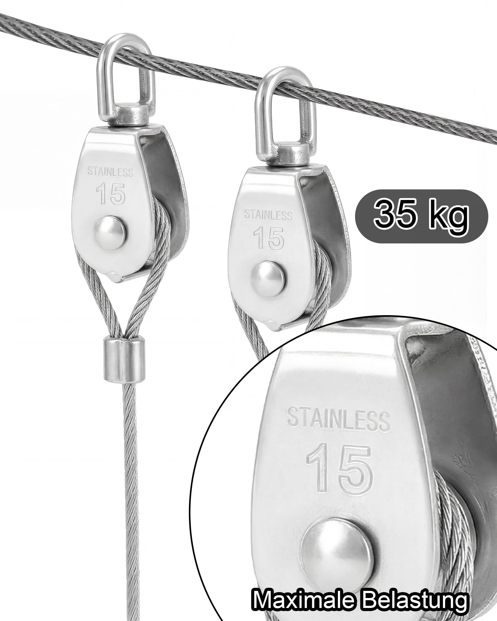 12 pièces de poulie de déviation petite : poulies M15 avec roulement à billes en acier inoxydable 304 pour câbles métalliques jusqu'à 6 mm de diamètre, capacité de charge 35 kg