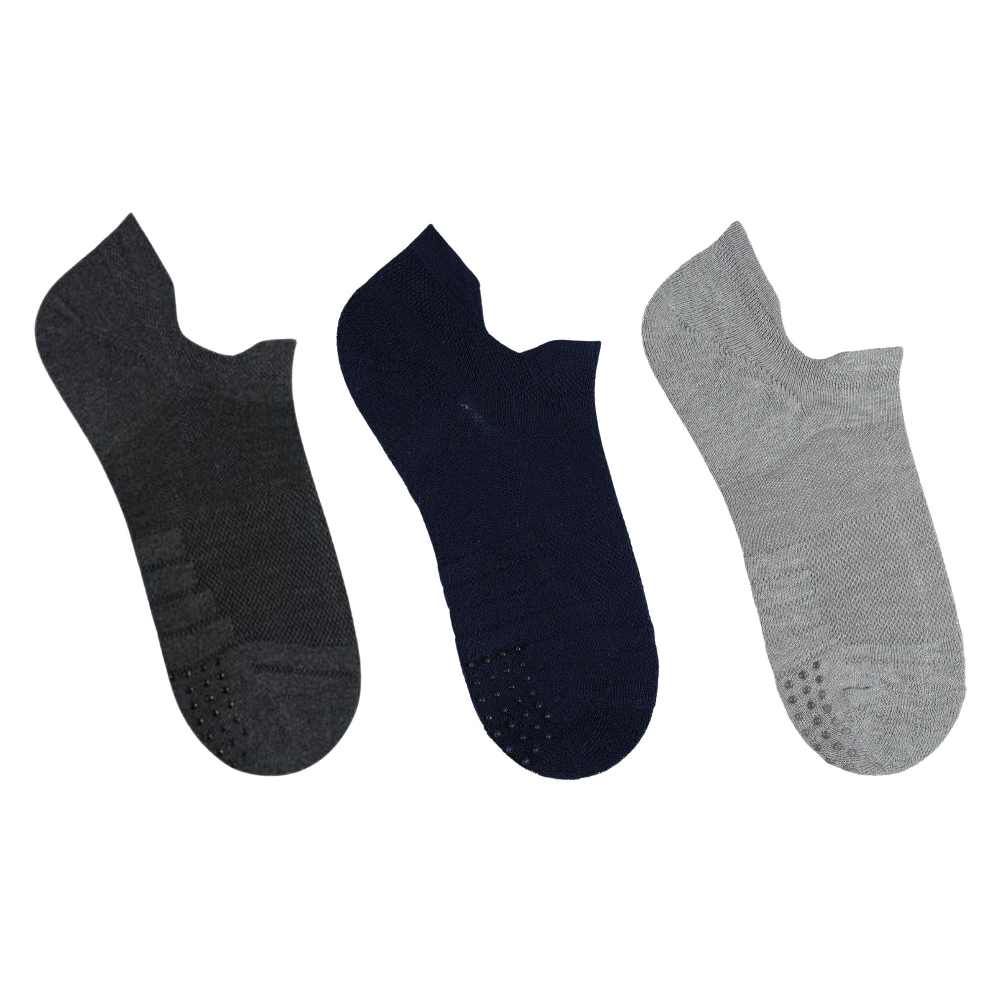 BALENZIA Calcetines de algodón y elastano para hombre, para gimnasio, deportes, correr, con tecnología Coolmax, tejido de malla y silicona antideslizante, paquete de 3 (L, gris, gris, azul marino),