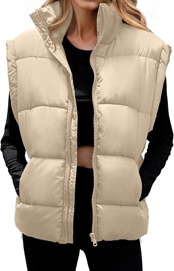 Polu Womens Puffer Vests Oversized Outerwear Vests Stand Collar Sleeveless Padded Puffer Jackets with Pockets