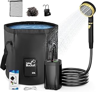 Mobile Campingdusche mit Pumpe – 7800mAh Hochkapazitätsakku, Einstellbarer Wasserfluss, Intelligentes Digitaldisplay, 20L Klappbarer Eimer, Outdoor Dusche für Camping, Reisen & Notfälle