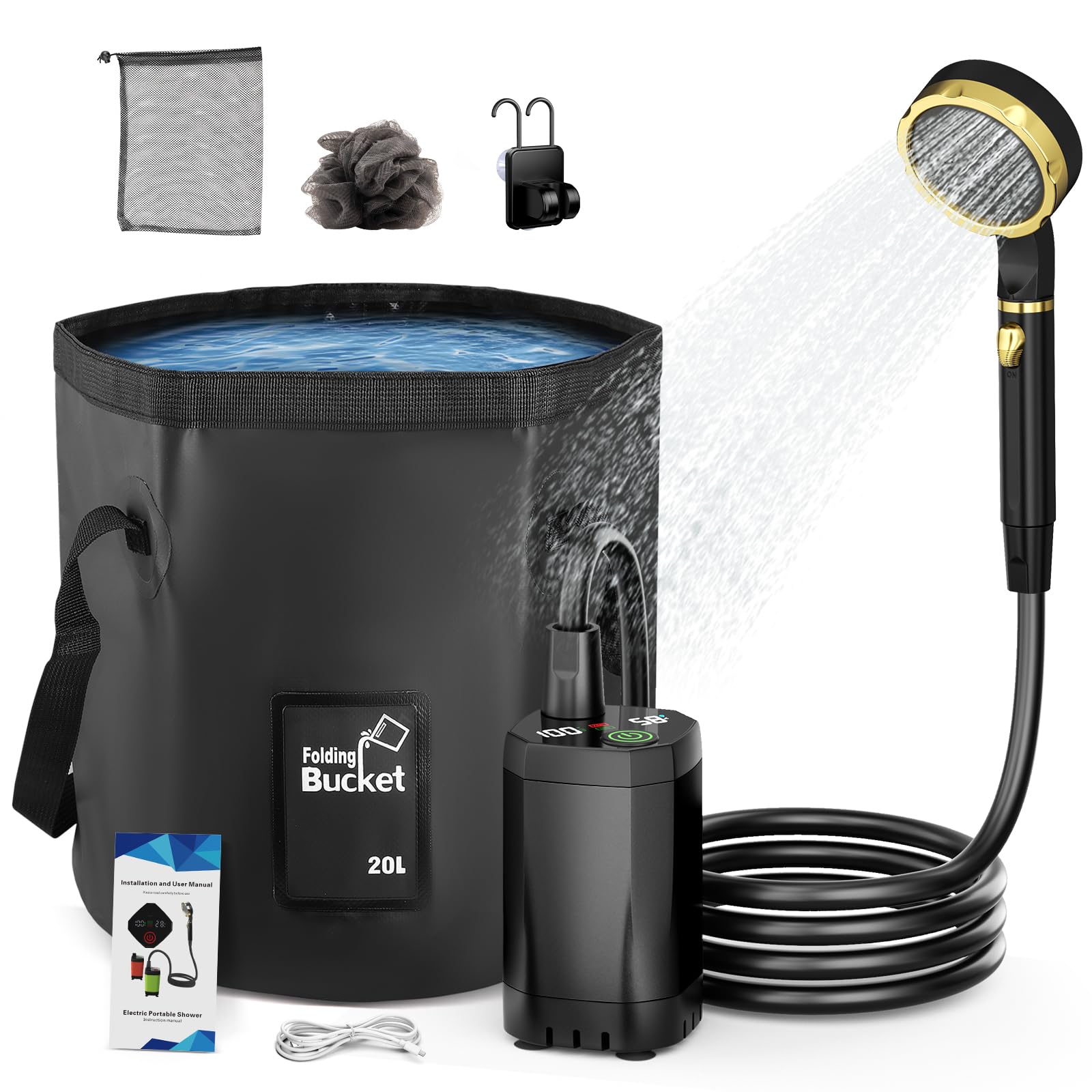 Douche de Camping Douche Portable 20L Douche Portable chauffante Douche Exterieur Pompe de Douche Électrique Rechargeable Kit Douche de Camping pour Extérieure Camping Randonnée