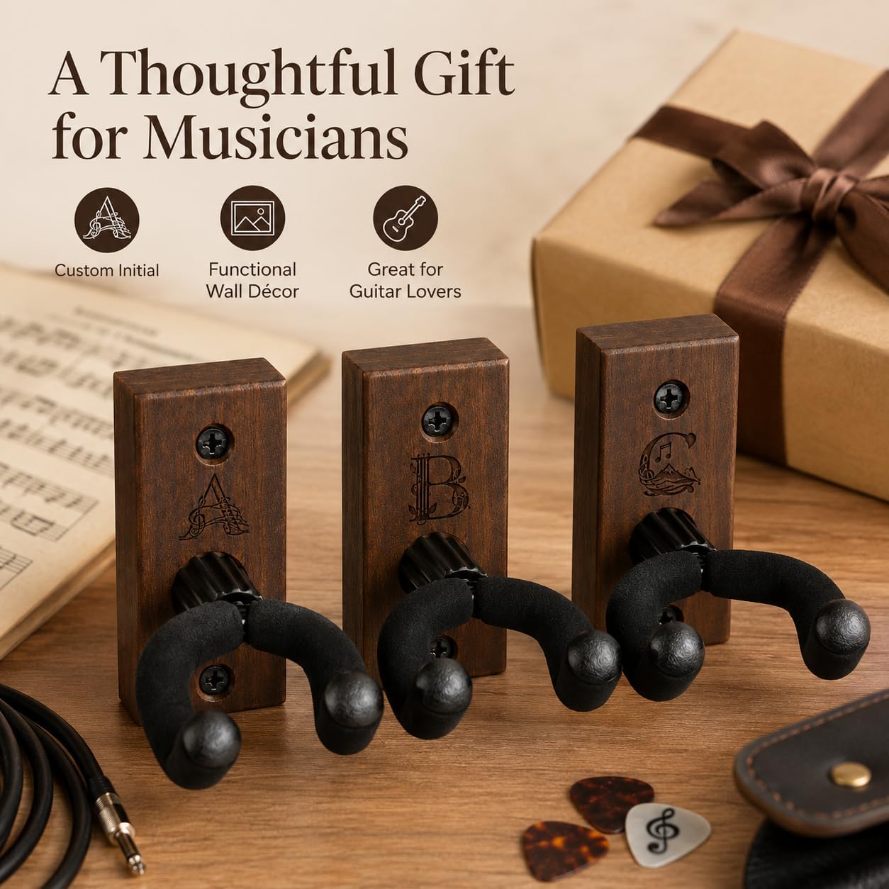 Guitar Gifts for Men, Personalized Engraved Wood Guitar Wall Mount,Guitar Hanger, Wall Stand for Acoustic & Electric Guitar, Bass, Violin & Ukulele (S)