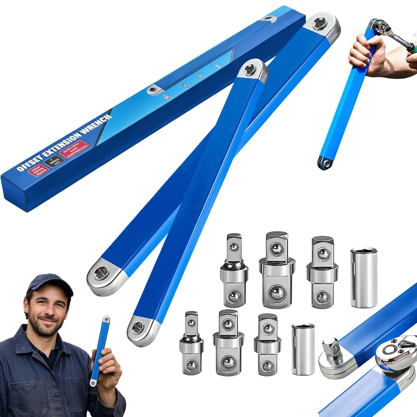 Anglefix Pro Clé d'Extension Décalée avec Cliquet Zéro Degré, Adaptateurs 1/2", 1/4", 3/8", pour Réparation Automobile