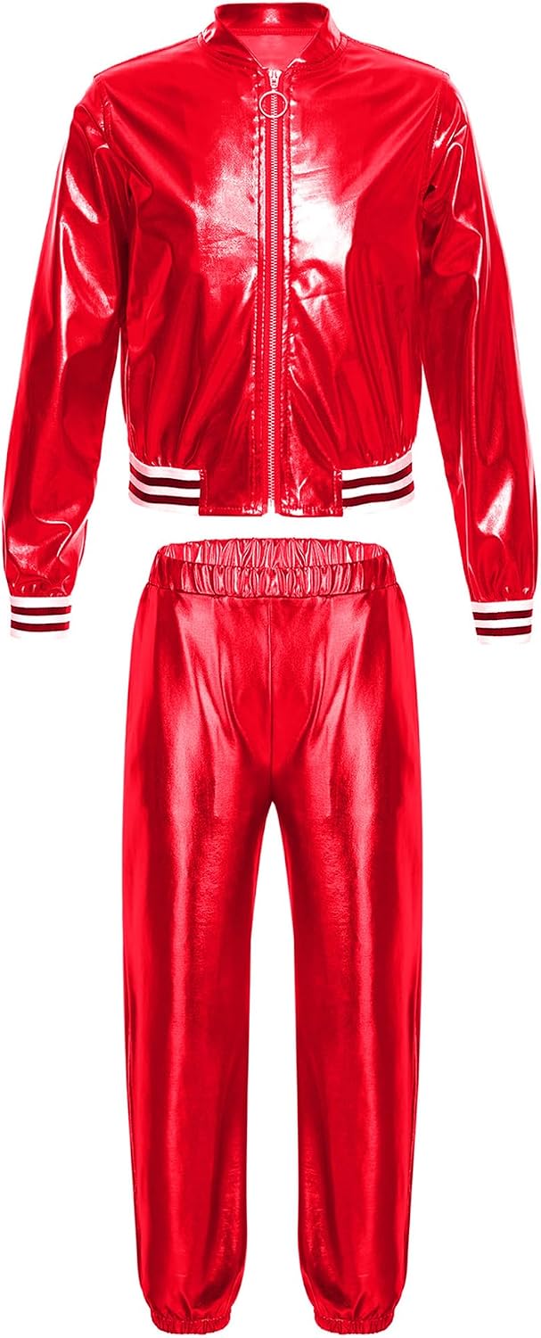 Stage Performance Dance Set Shiny Bomber Jacket with Sweatpants for Competition