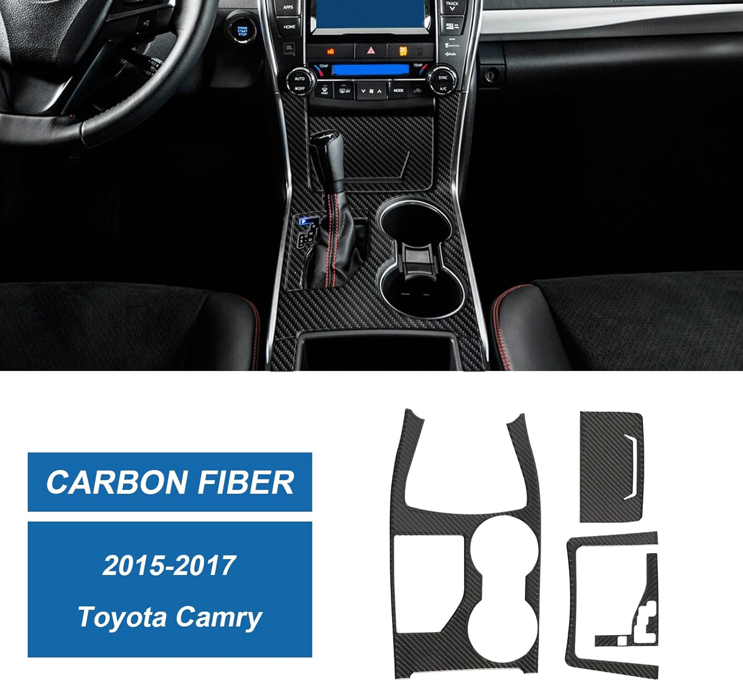 Real Carbon Fiber Center Console Gear Shift Panel Trim & Cup Holder Panel Trim Compatible with 2015-2017 Toyota Camry, Interior Decor Sticker Accessories