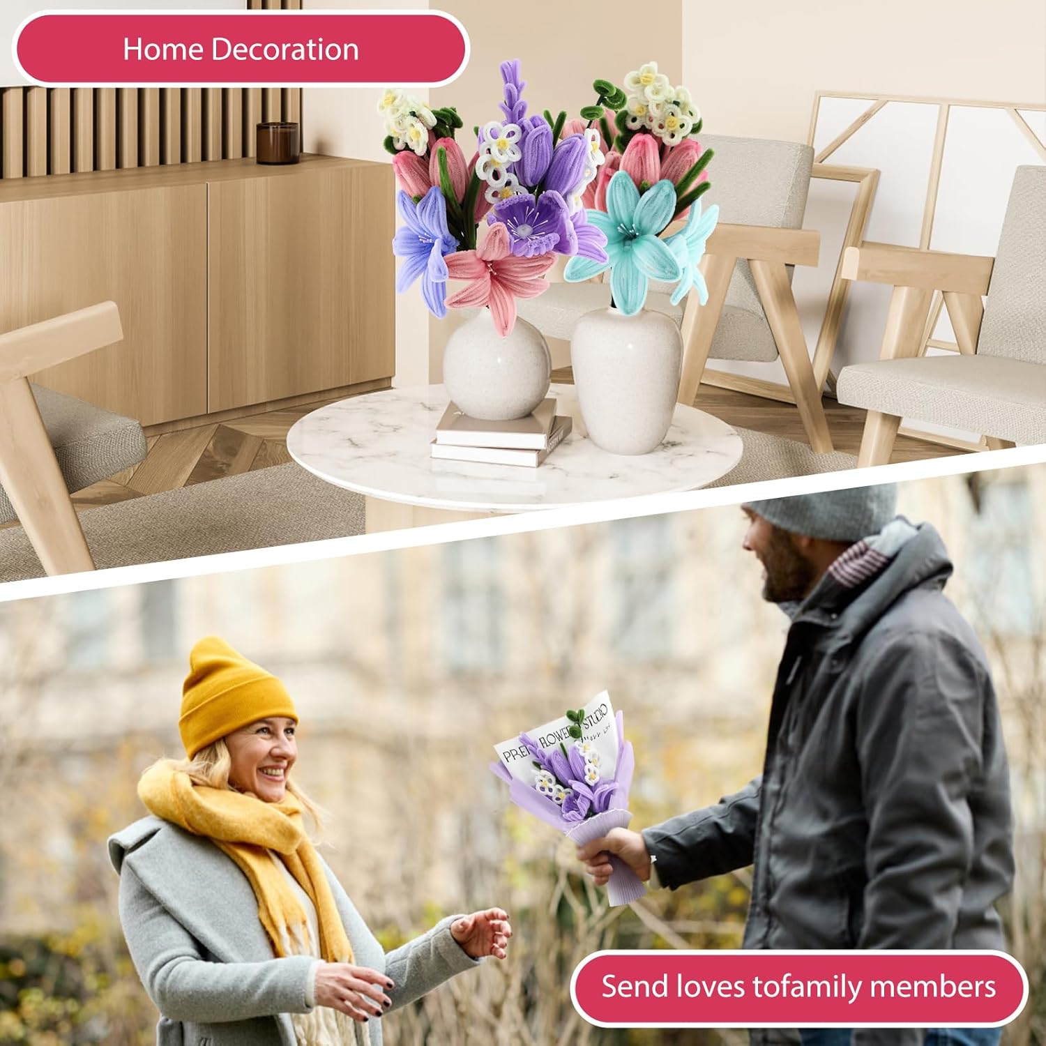 400 Pcs Pipe Cleaners Craft Kit - Bulk Pipe Cleaners for DIY Pipe Cleaner Flowers, Chenille Stems for DIY Flower Making Kit with Floral Wires, Gardening Tape,Stamen& Ribbon (Colorful)