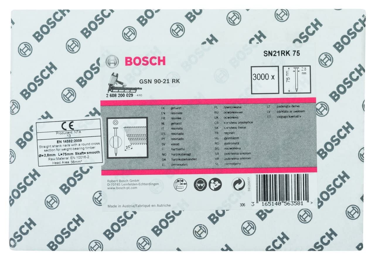 Clous en bande PRO SN21FH Bosch 75mm tête pleine 21 degrés pour cloueur de charpente