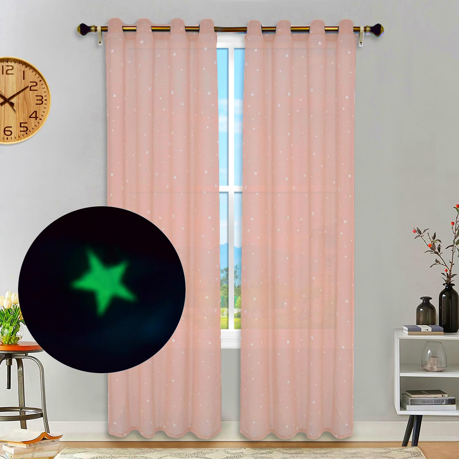 Eimilaly Stars Sheer Curtains Glow in The Dark, Metal Punching Sheer Curtains 84 inches Long Sheer Canopy for Kids Room Decor, 1 Panel/Light Pink โ image 1
