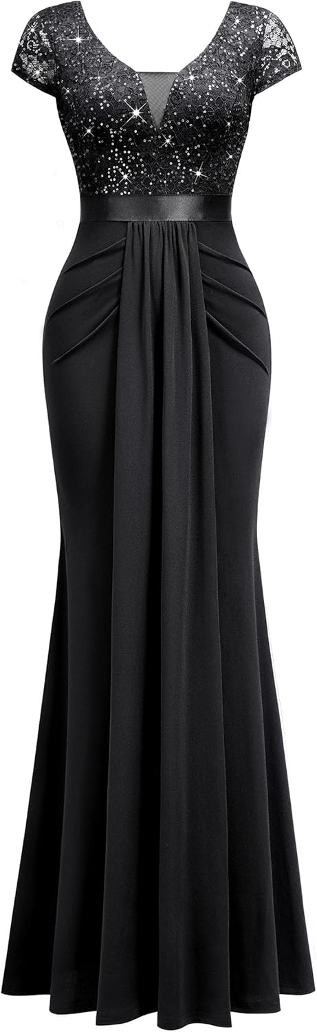 Miusol Women's Deep V-Neck Elegant Lace Sequin Pleated Evening Formal Maxi Dress - Image 4