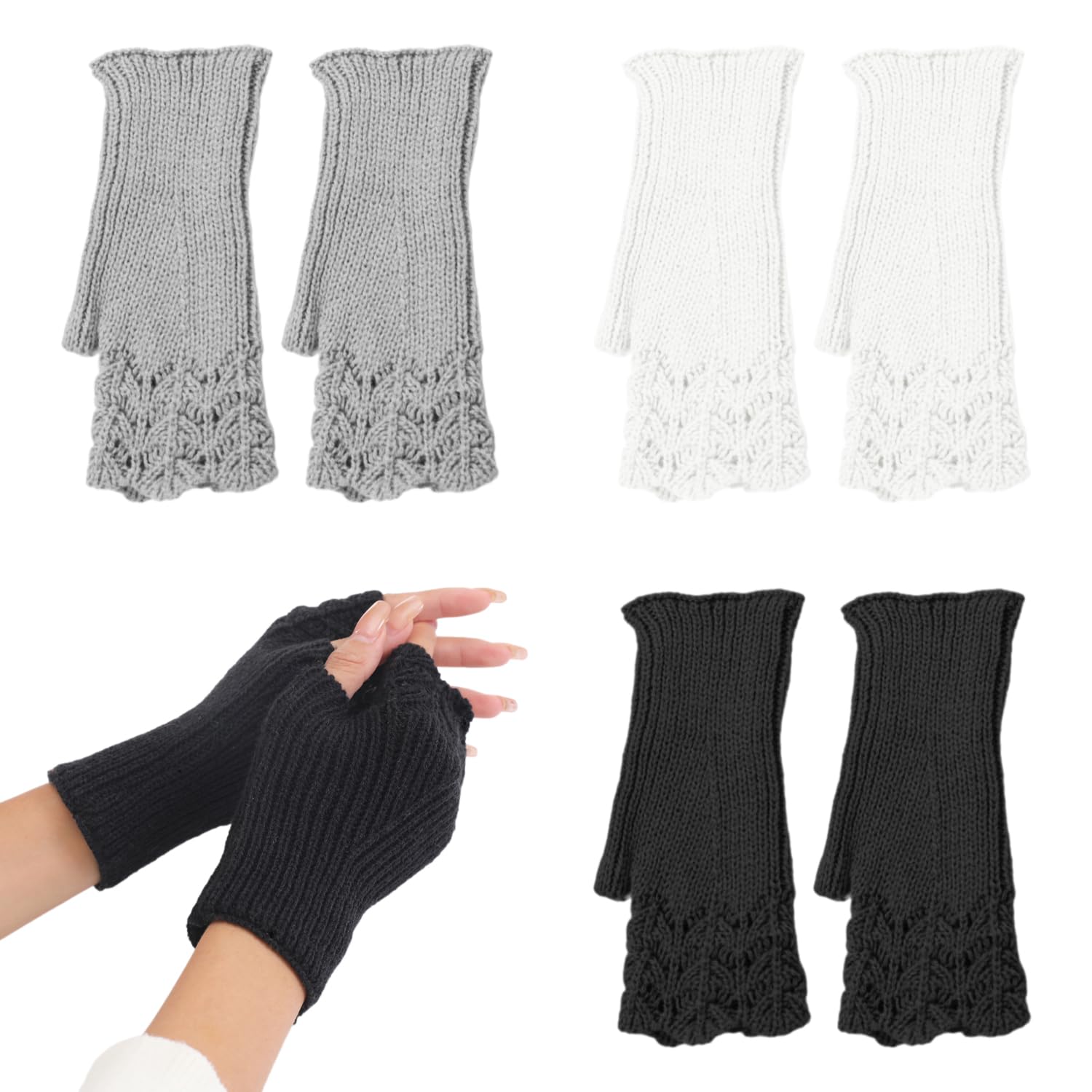 Cynosuretech Unisex Black 3 Pairs Of Knitted Gloves, Fashionable Knitted Gloves, Warm Fingerless Gloves, Fingerless Gloves For Women, Elastic Gloves