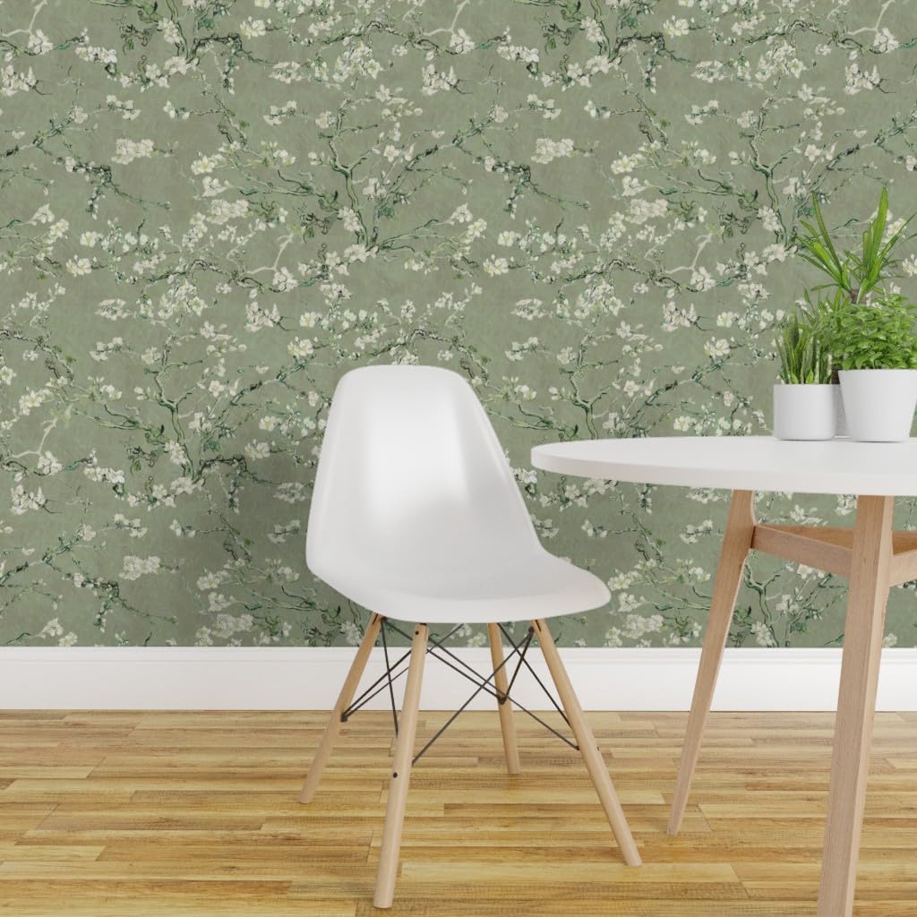 Removable Wallpaper Swatch - Almond Blossom Sage Green Vintage Inspired Custom Pre-Pasted Wallpaper by Spoonflower