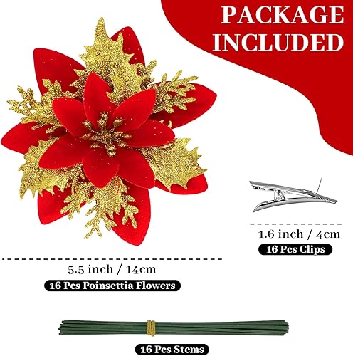 Miniatura 3 de 16 flores de Pascua rojas con purpurina, flores de Pascua artificiales con clips, tallos para árbol de Navidad, decoración de corona de fiesta de