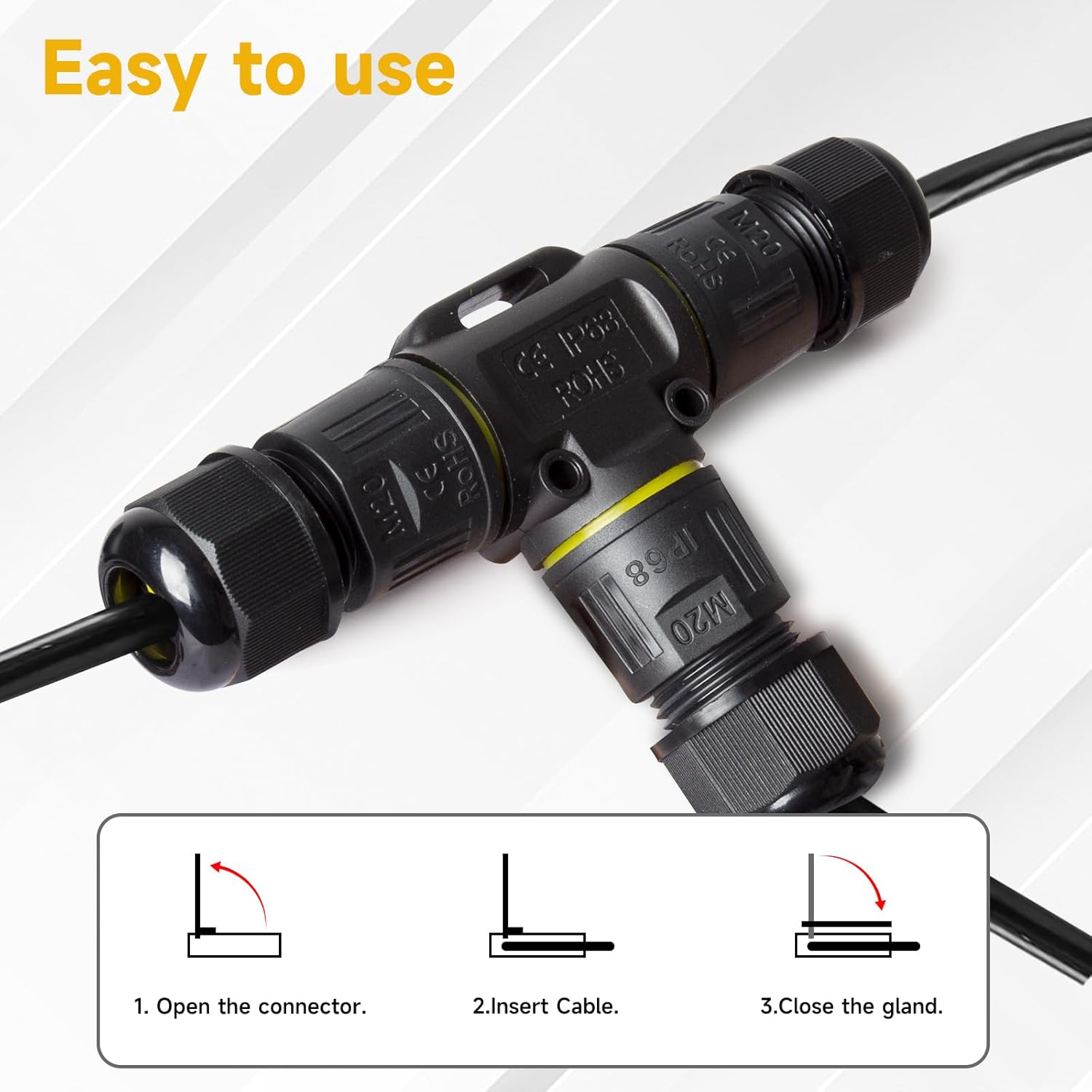 5 PCS IP68 Waterproof Cable Connectors, T-Shape Junction Box 3-Pin Earth Cable Connection Sleeve for Ø5-12mm Cable Diameter, Nylon Material