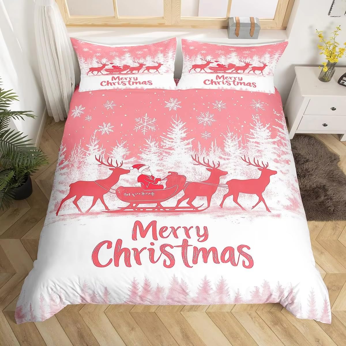 Parure lit Noël 140x200 rose microfibre anti-pli pour chambre fille et enfant
