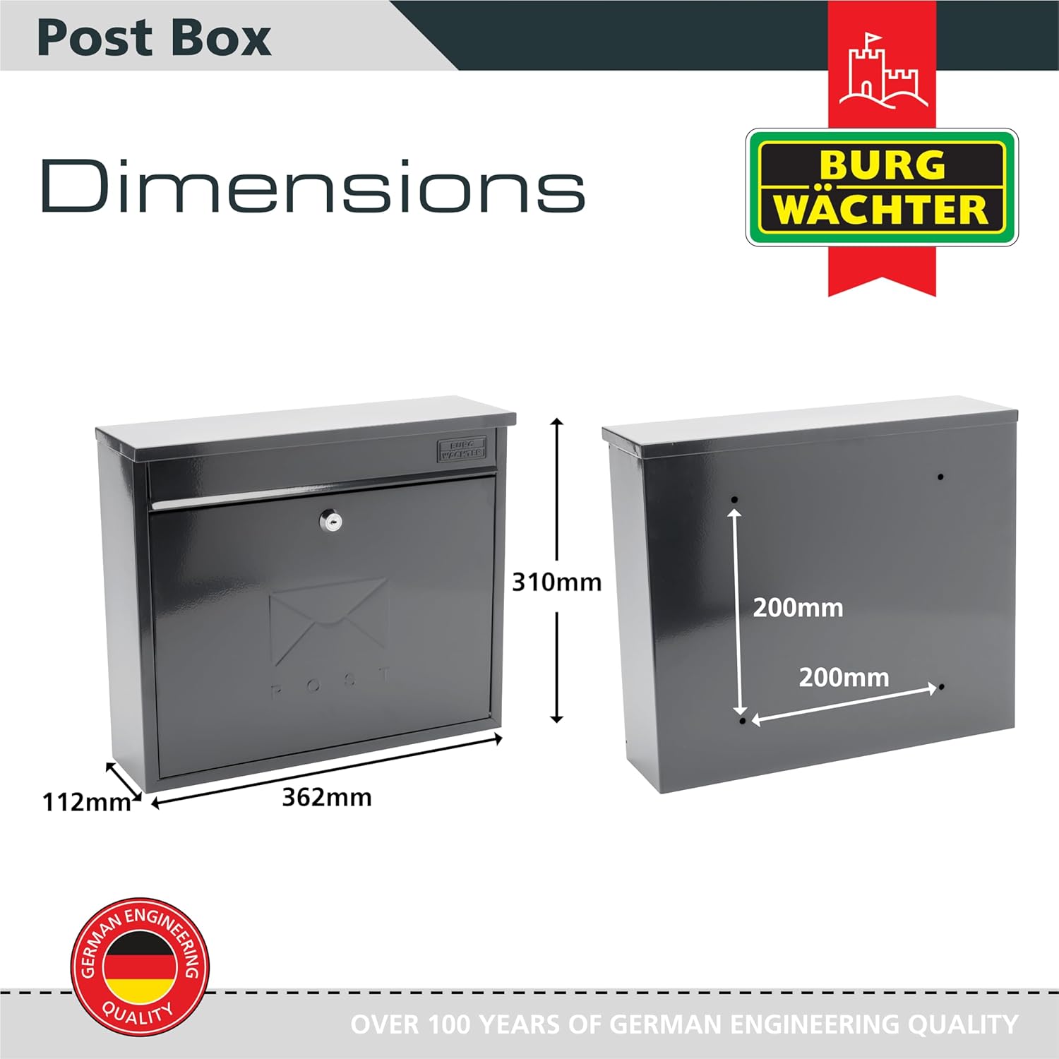 Burg-Wachter MB02A Anthracite Elegance Wall Mounted Galvanised Steel Lockable Weatherproof Post Box RAL 7016-36x31x10cm