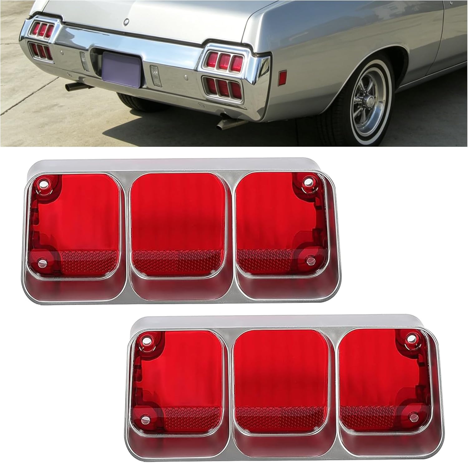 HECASA Upper Tail Light Assembly Compatible with 1972 Oldsmobile Cutlass/442/Cutlass Supreme Tail Lamps W/O Bulbs Red Lens & Silver Housing LH & RH 2Pcs