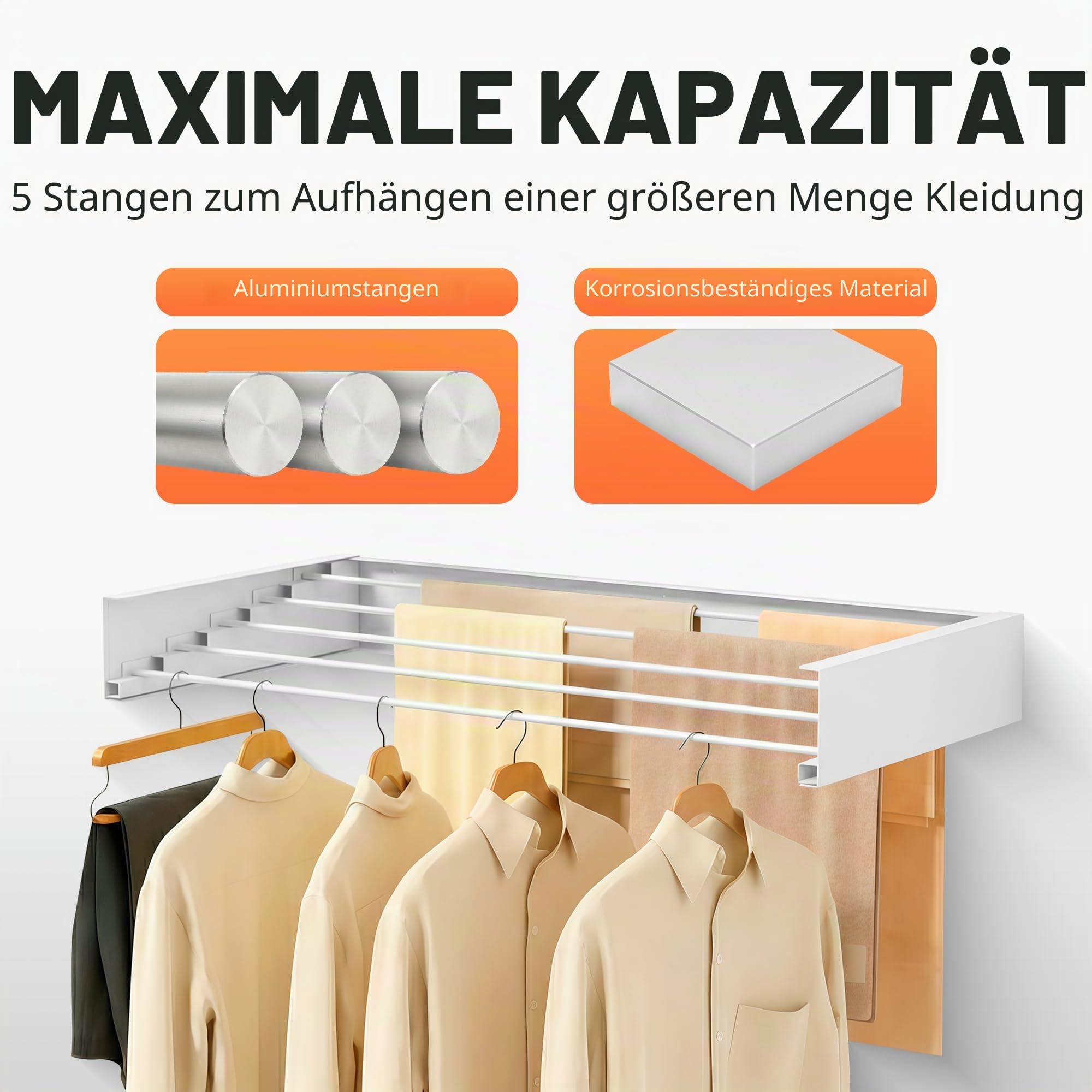 JUPPLIES Wandwäschetrockner Ausziehbar 120 cm – Faltbarer Wäscheständer für Innen & Außen – Platzsparender Wandtrockner aus Aluminium mit 30 kg Tragkraft (Weiß)